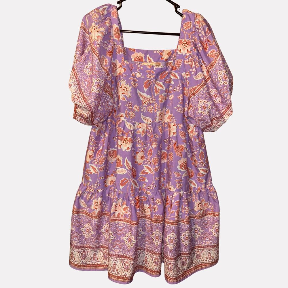 Band of the Free M Lavender Purple Floral Puff Sleeve Babydoll Mini Dress Boho
